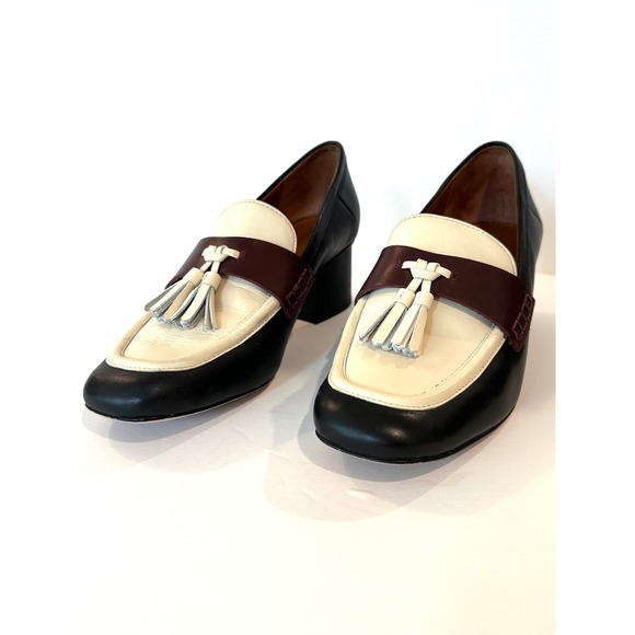 J. McLaughlin Shoes - J.McLaughlin Women 8.5 Tri-Color Leather Tassel Block Heel Loafers Dk Navy Cream